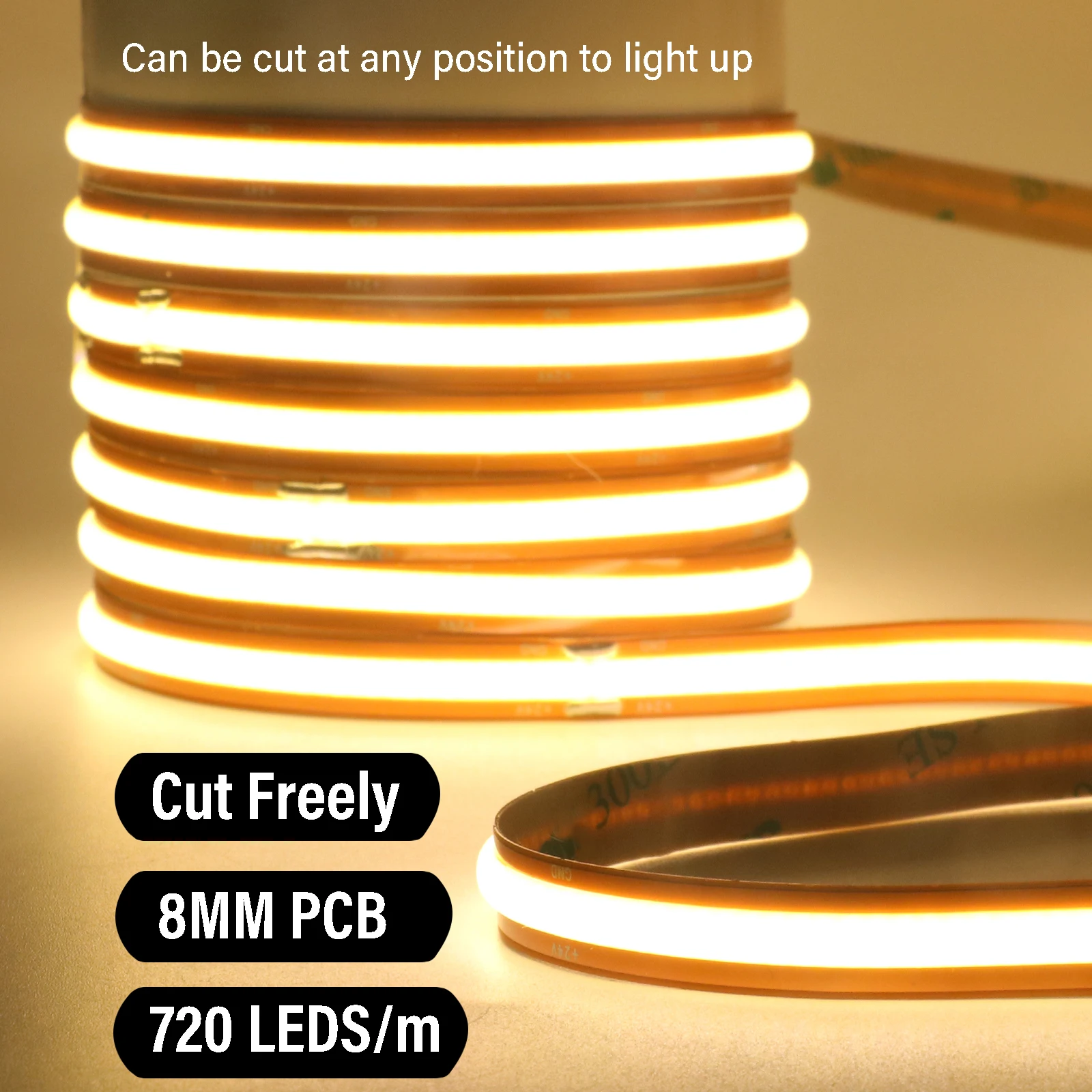 Cut Freely COB LED Strip Light 24V 720 LEDs/m Super Bright Flexible Tape 8MM PCB High Density Linear Lighting Warm Natural White