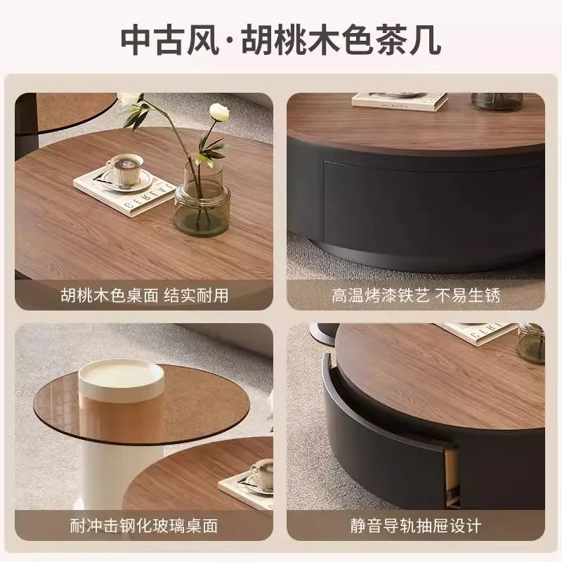 중세 스타일 원형 원목 커피 테이블 조합 소형 아파트 거실용