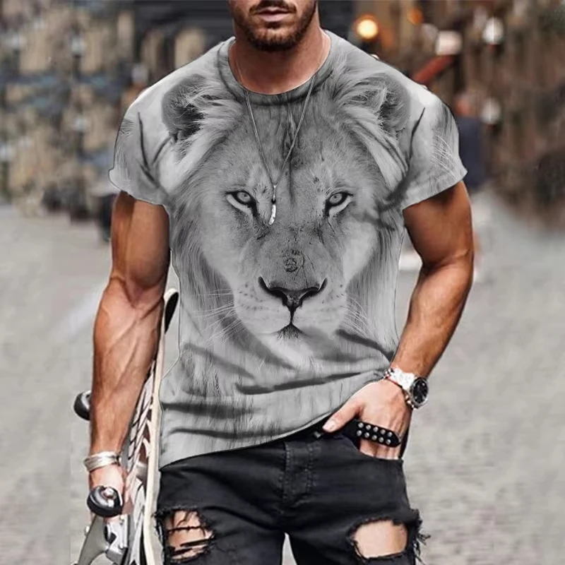 تي شيرت رجالي مطبوع عليه أسد الحيوان بأكمام قصيرة ورقبة دائرية بلوفر ملابس الشارع الشهير قميص رياضي فضفاض تي شيرت رجالي ملابس #6