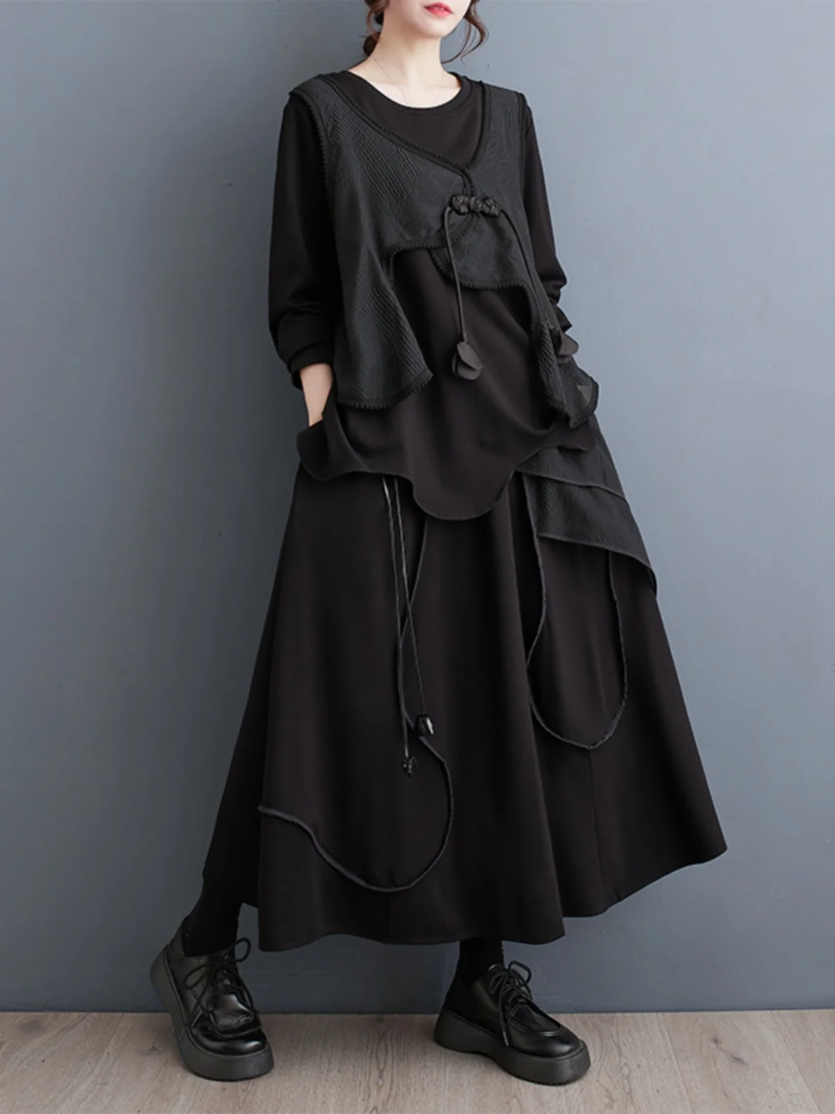Efeito de emagrecimento conjunto de 2 peças solto ajuste midi saia superior outono faion plus size roupas femininas mistura de algodão conents