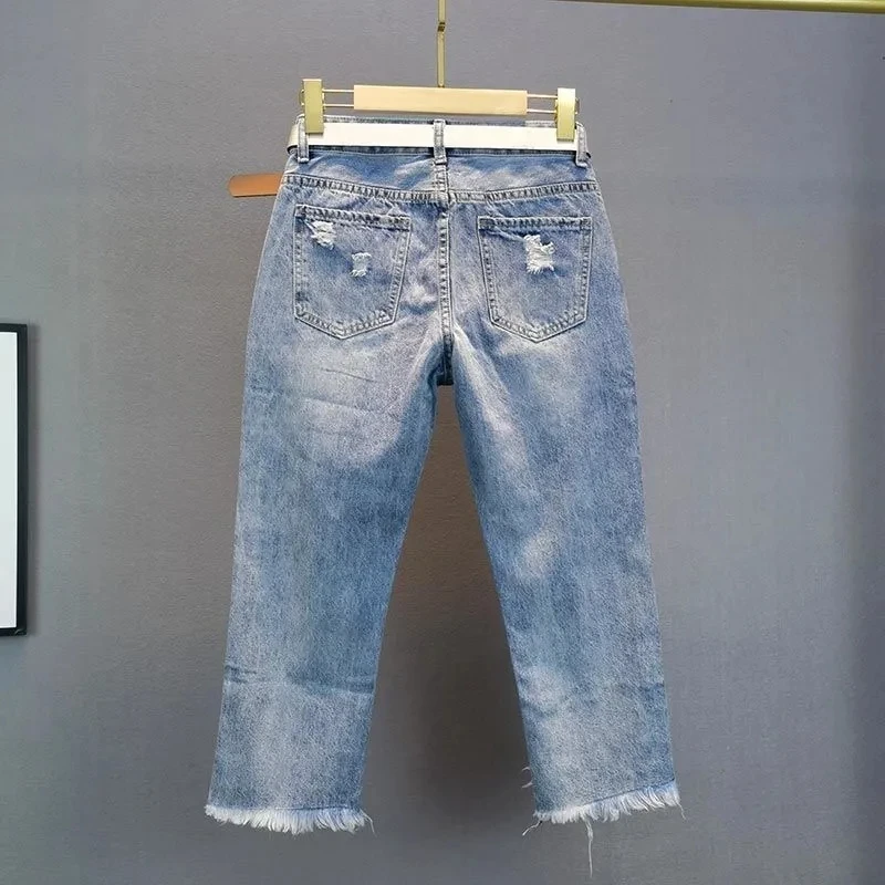 Women's Jeans 2025 Spring/summer New Fashion Loose ripped Pants Women High waisted Casual Denim Nine points Pants Streetwear