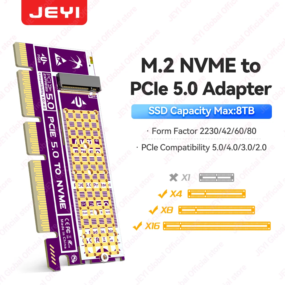 JEYI PCIe 5.0 Adapter NVMe M.2 SSD Expanderkaart 128Gbps Ondersteuning 2230/42/60/80 SSD Ondersteuning PCIE X4/X8/X16 Compatibel PCIe 4.0
