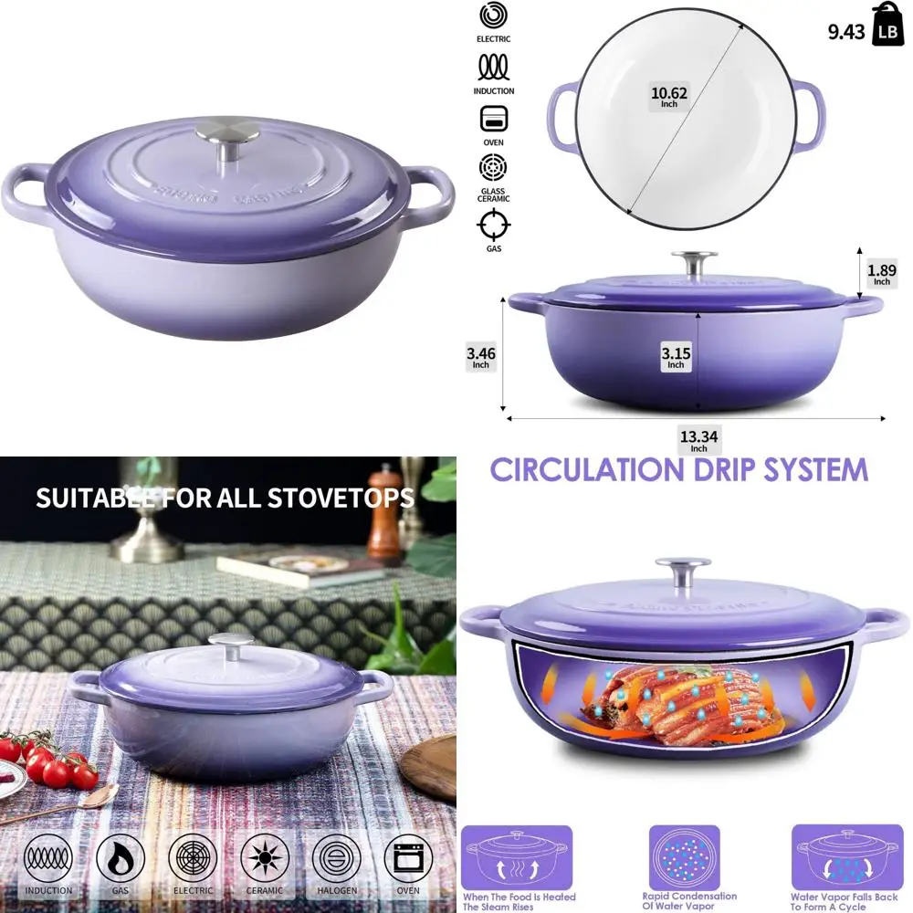 

Purple 3.8-Quart Enamel Cast Iron Shallow Casserole Braiser with Dual Handles for Versatile Cooking