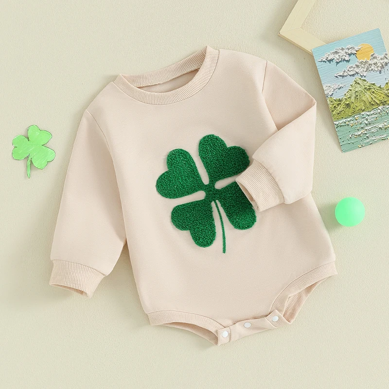 2023-11-13 Lioraitiin Newborn Baby Boy Girl St Patricks Day Outfit Green Four Leaf Clover Bubble Romper Lucky Shamrock Jumpsuit