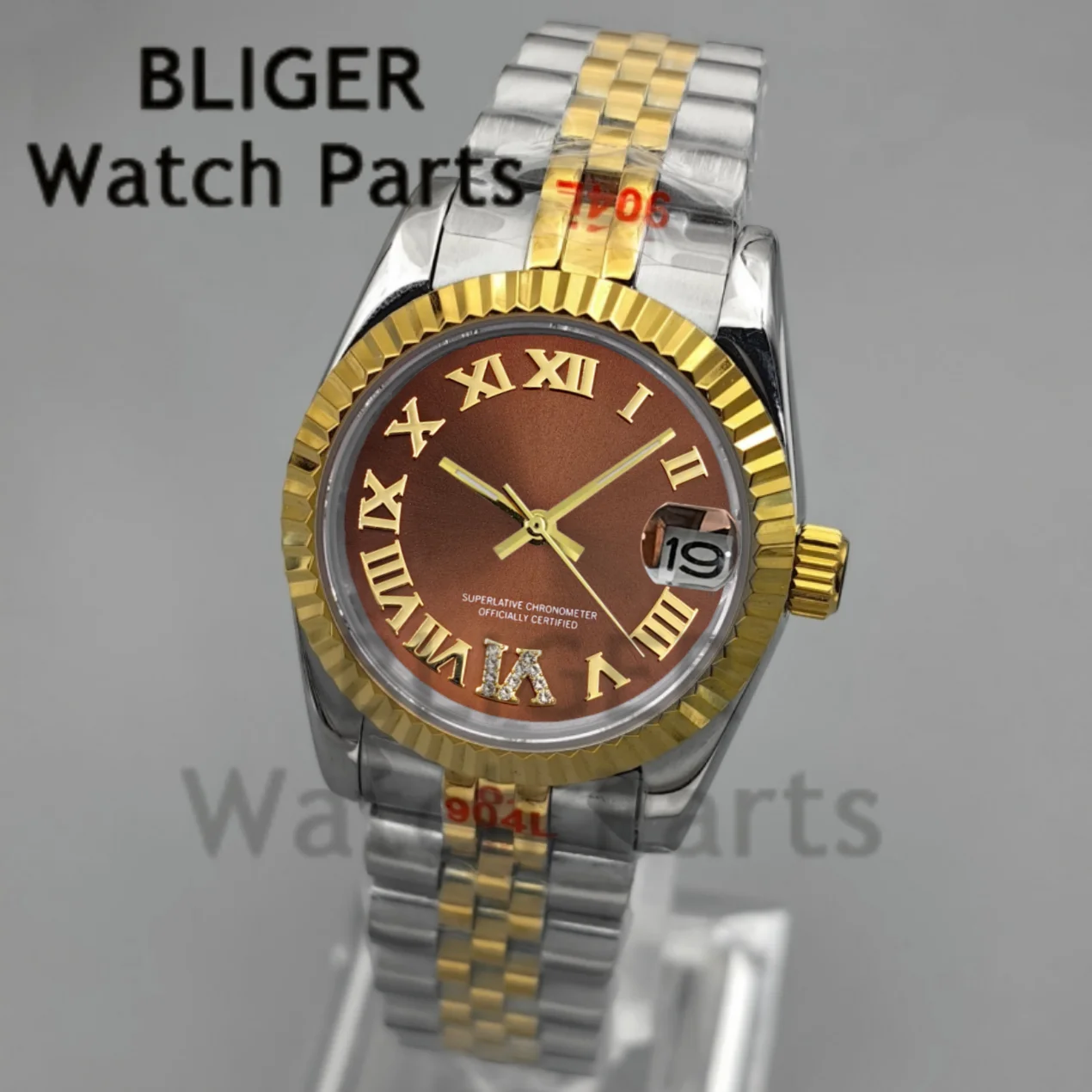 

BLIGER 31MM Gold Lady's Roman Number Diamond NH15 Automatic Watch Brown Dial Flute Bezel Sapphire Glass Waterproof Steel Bracele