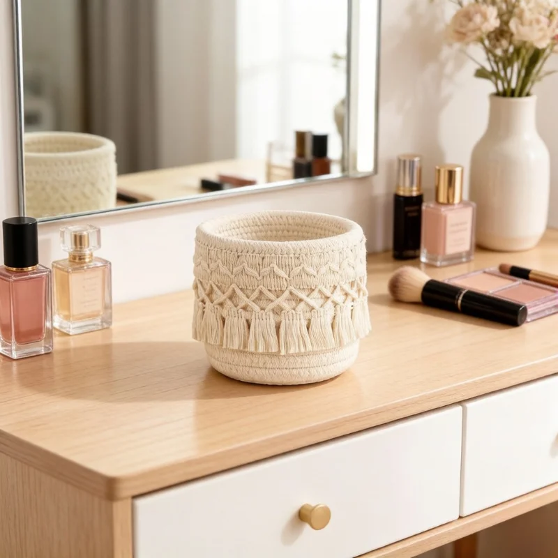 Boho Chic Woven Makeup Brush Holder, Dual-Tone Cosmetic Storage Basket with Tassel