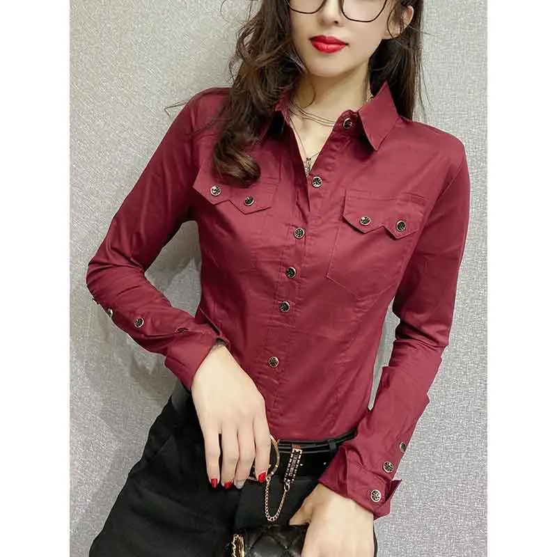 2023 New Spring Women's Long Sleeve Green Black Wine Red Shirts Autumn Office Lady Pocket Blouses Women Button Up Tops