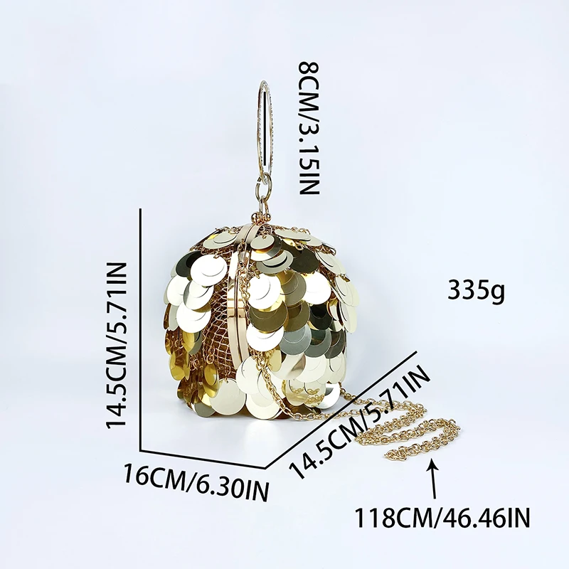 Unique design of niche, three-dimensional spherical metal handmade sequin banquet bracelet, circular bag