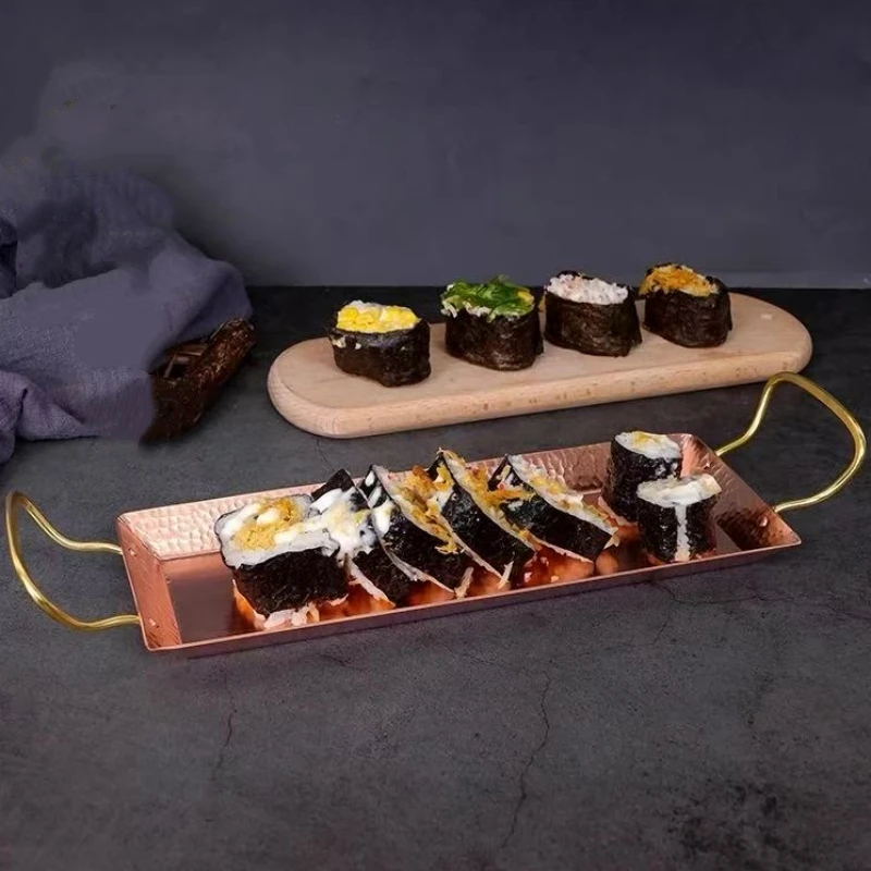 

Rectangle Shape Copper Fruit Tray,Retro Engraving Hammer Texture Home Portable Sushi Plate,Snack Plate Table Wedding Tableware