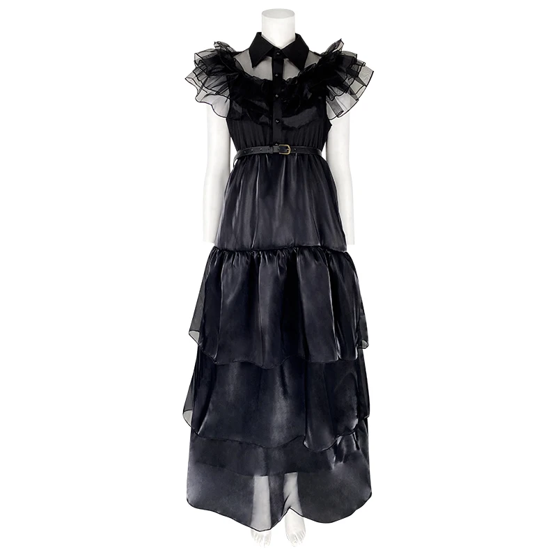 Costume de Cosplay pour femmes et enfants, tenue de bal, ensemble complet noir, à manches courtes, Halloween, soirée, jeu de rôle