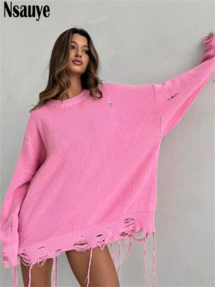 Nsauye Casual Women Fashion Y2K Long Sleeve Oversized Knitted Hollow Out Sweater 2024 Pullover Sexy Club Sweater Tops Winter