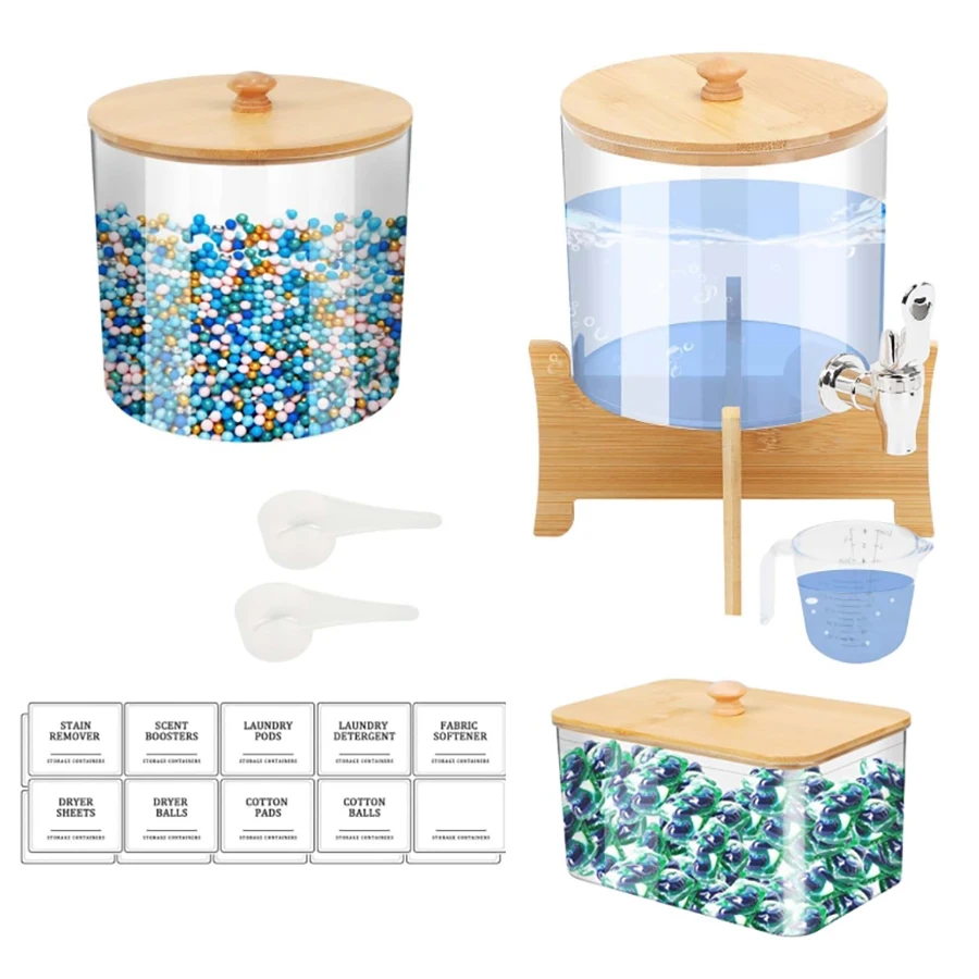 3 Pack Laundry Organization Storage Set Liquid Laundry Detergent Dispenser with Shelf & Cup, Laundry Pods Dryer Sheets Container