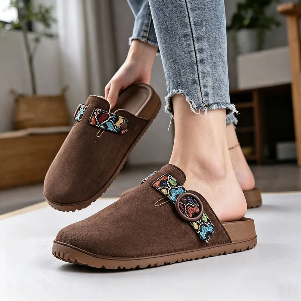 Women Large Size Casual Closed‑Toe Mules Solid Strap Adjustable Buckle Slip‑on Slippers for Ladies