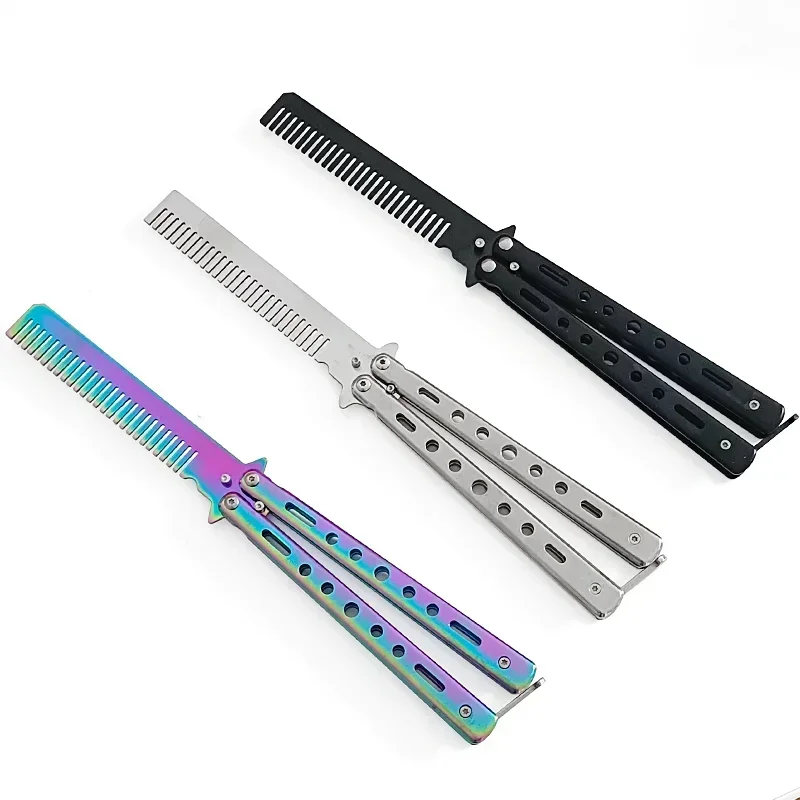 Stainless Steel Foldable Comb Practice Training Butterfly Knife Comb Beard Moustache Brushe Salon Hairdressing Styling Tools