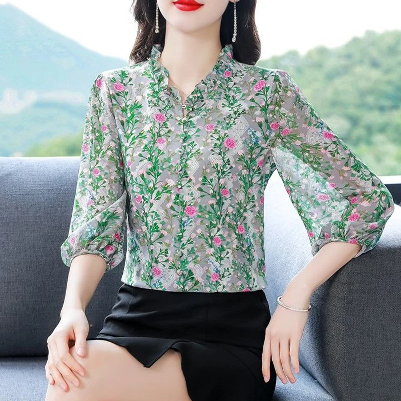 Women\'s Ruffle Floral Print Vintage Elegant Button Up Shirt Korean Fashion V Neck 3/4 Sleeve Blouse Casual Loose Sweet Chic Tops