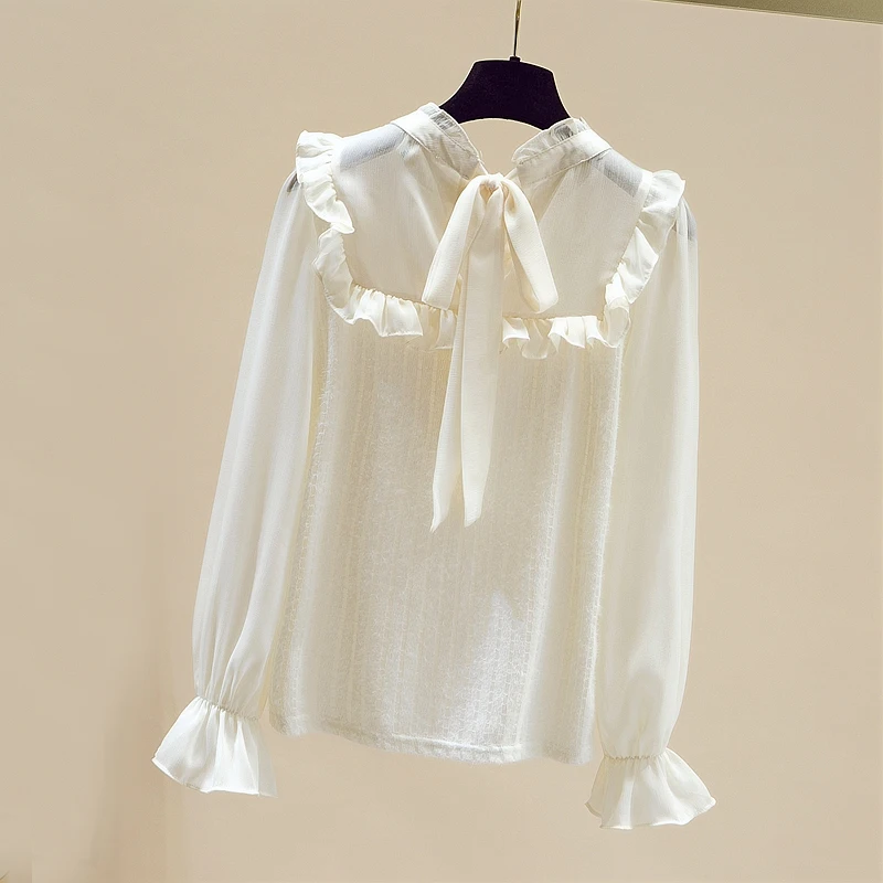 

2023 Stand Collar Ruffled Chiffon Shirt Woman French Vintage Early Autumn Elegant Sweet Lace Blouse Loose Long Sleeve Tops 28557