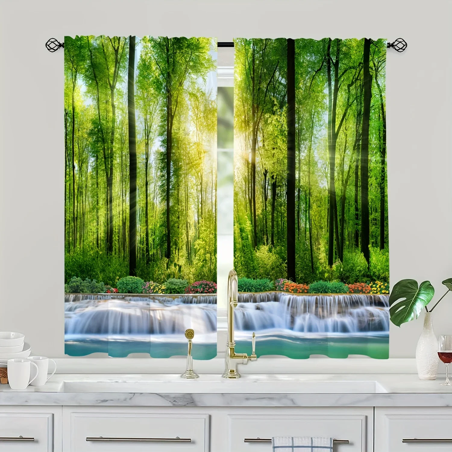 2pcs Natural Scenery Sunshine Forest Waterfall Home Room Bedroom Kitchen Curtain Suitable for Home Living Room Shade Cloth