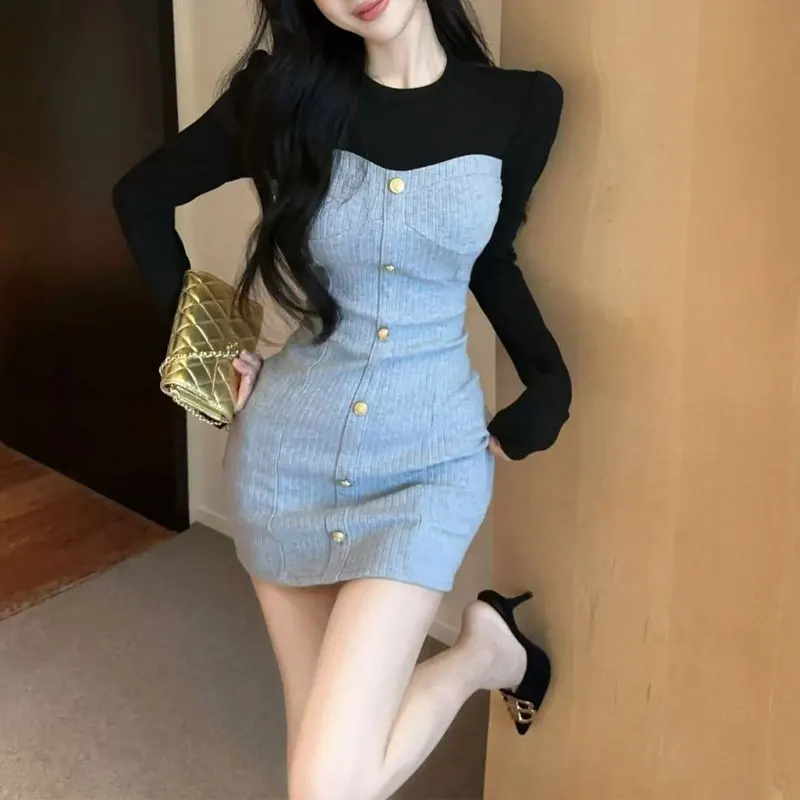 Women Color Block Long Sleeve Mini Dress Patchwork Round Neck Autumn Gold Button Bodycon French Style Party Bag Hip Short Dress