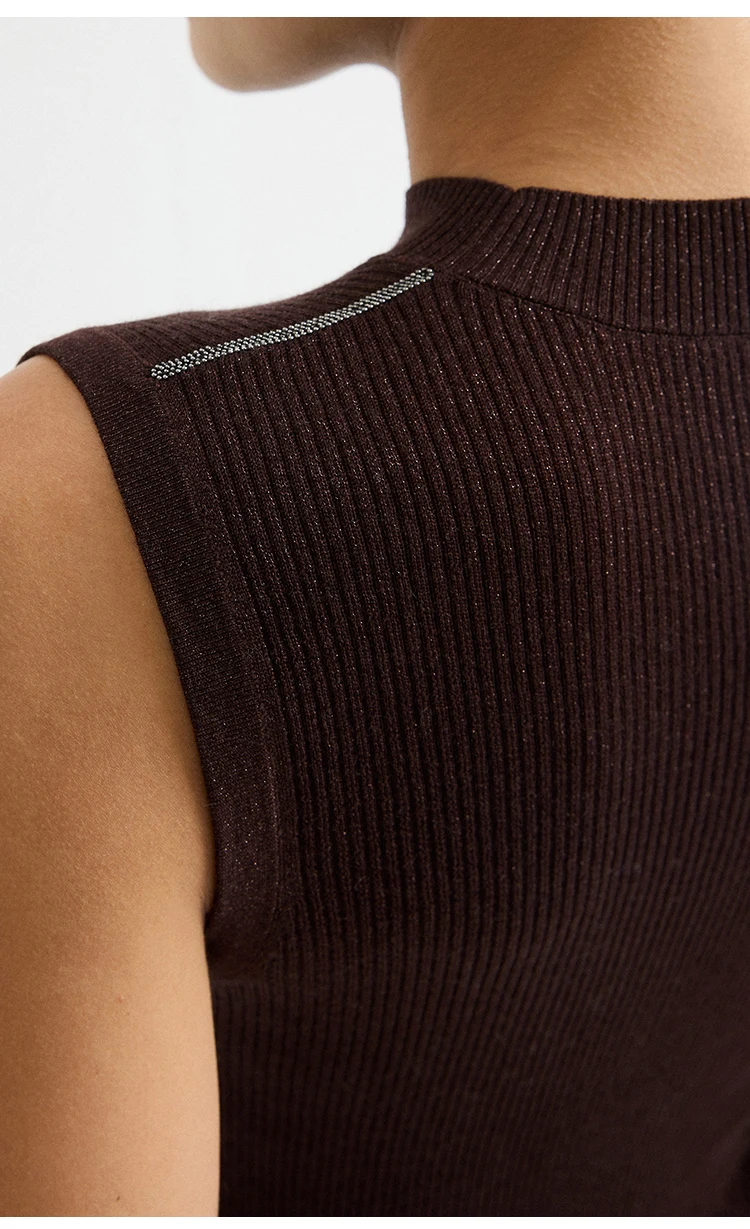 BY3621690 Damen-Rippenstrick-Weste mit Stehkragen, ärmellos, Wollmischung, Schulterkette, schmale Passform, elegant, für die Frühjahrskollektion – Detail 4
