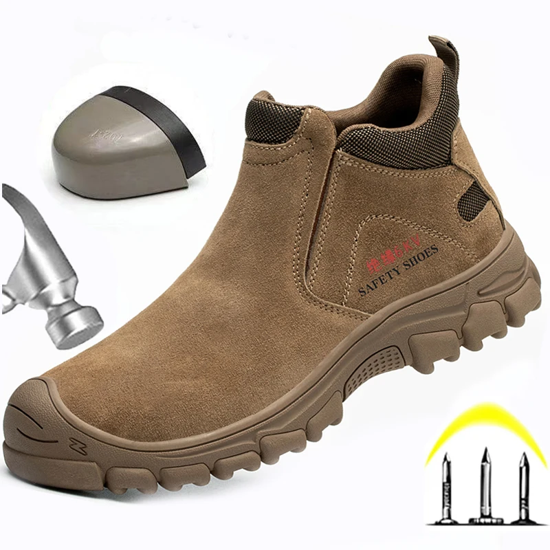 Cow Suede Upper Steel Toe Men Boots Work Sneakers Safety Shoes Puncture-Proof Anti Smashing Security Shoes Slip on