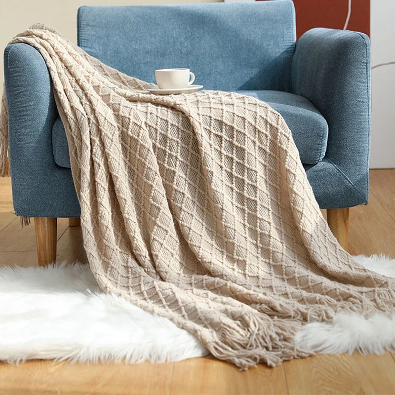 

Scandinavian Style Knitted Blanket for Bed and Sofa Solid Color with Tassel Summer Office Nap Air Conditioning Thin Blanket 여름이불