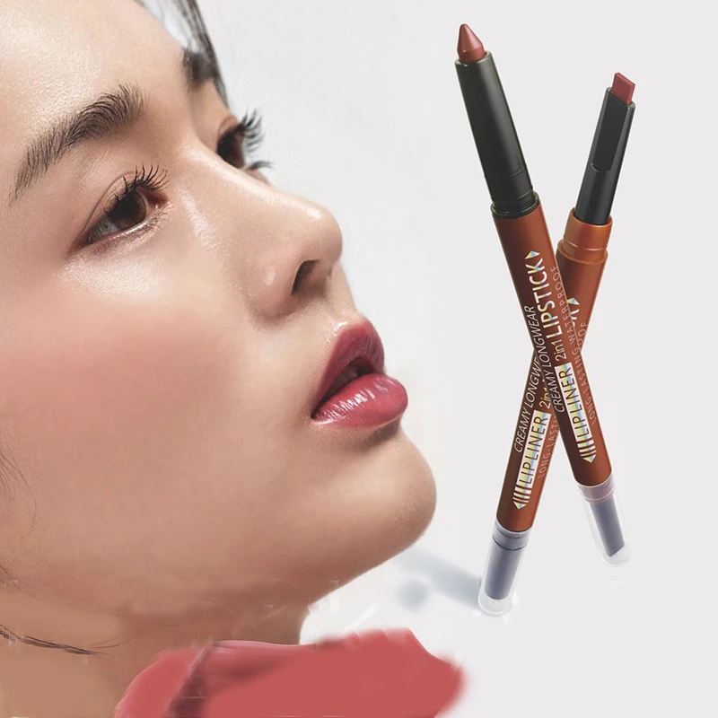 Rossetto opaco a lunga durata e matita per labbra a doppia estremità, a prova di sbavature 8 tonalità precise Design idratante opaco a doppia estremità