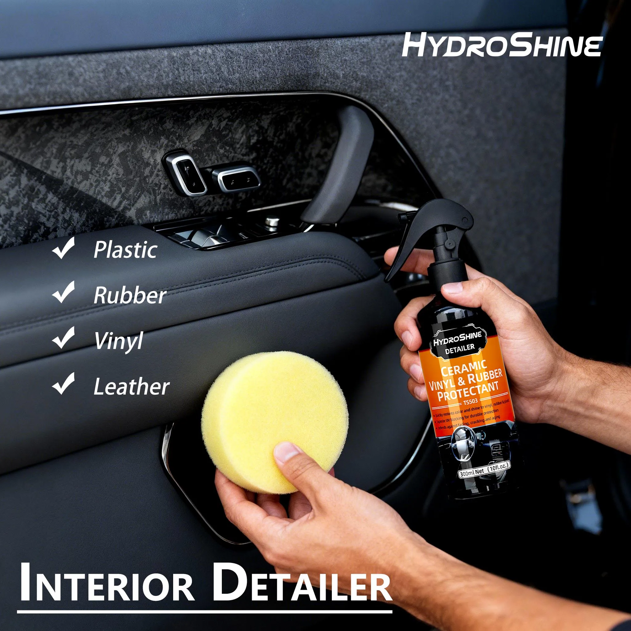 Гидрофитин, автомобильная керамика, винил и резина, защитная повязка, детали интерьера, черный блеск, восстановитель отделки, спрей, уход, автодетализация