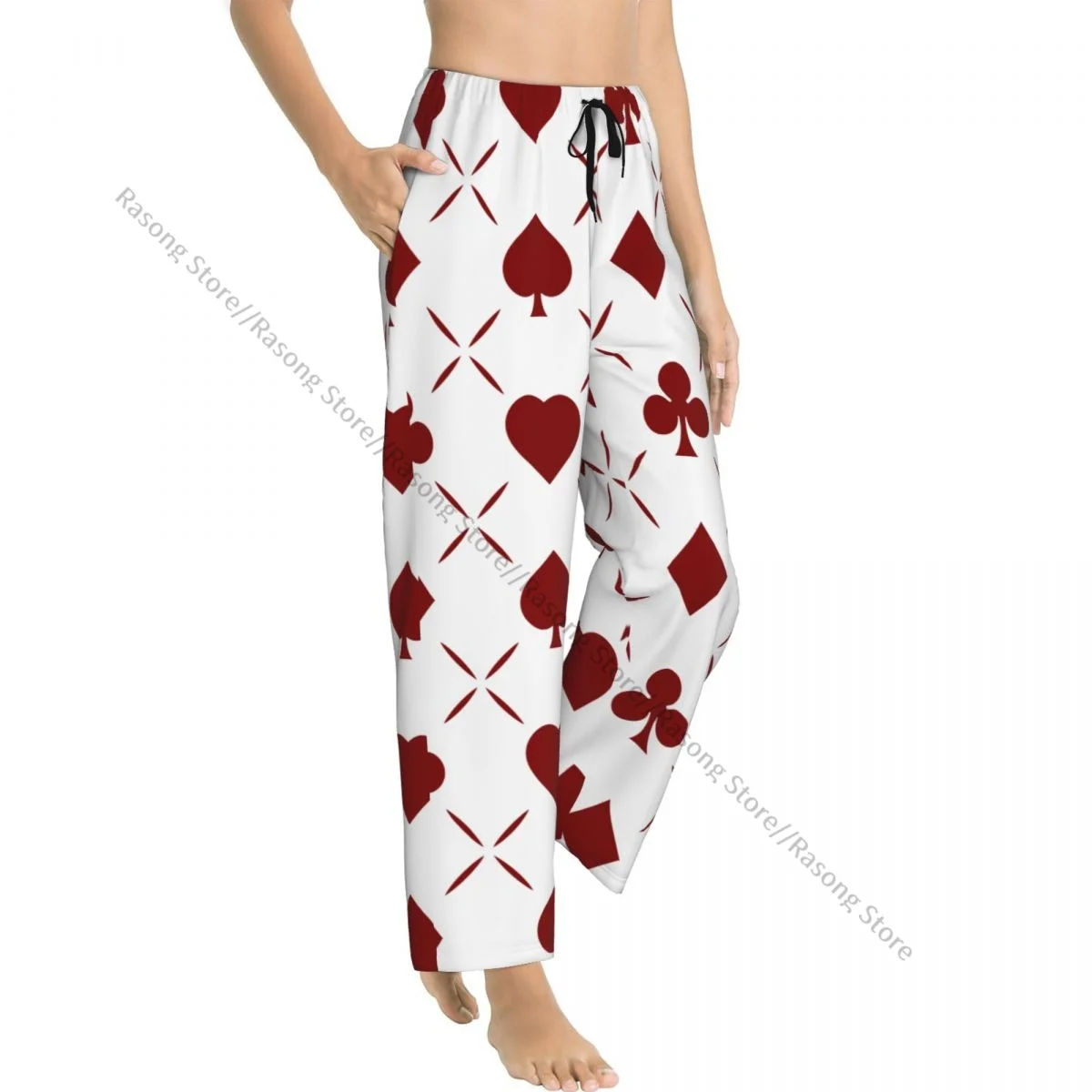 Women Flannel Lounge Pants Soft Red Poker Hearts Clubs Spades And Diamonds Pajama Pants Winter Sleepwear