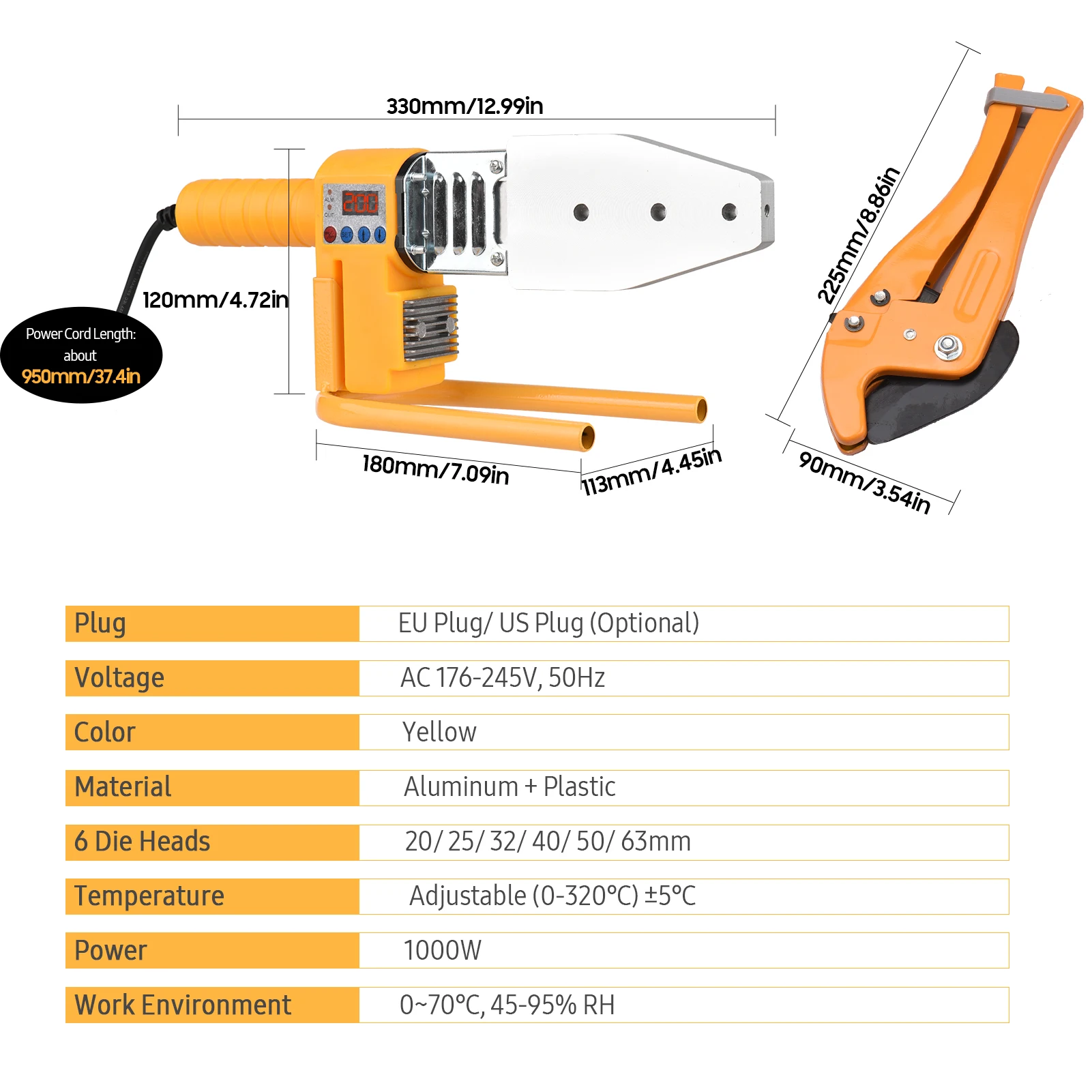 

Plastic Pipe Welding Machine 0-320℃ Adjustable Digital Socket Fusion Welder with Double Heat Dissipation 6 Die Heads 20/ 25/ 32/