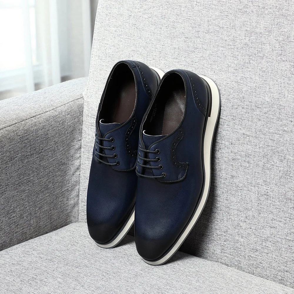 EUR Size 38 To 46 Elegant Casual Business Male Sneakers Real Cowhibe Leather Brands 2023 Autumn New Flats Derby Shoes Blue Black