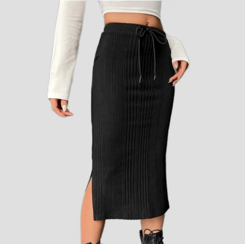 

New Autumn Winter Knitted Fleece Mid-length Skirt Casual Fashion Slim High Waist Drawstring Slit Knitted Fleece Skirt For Women