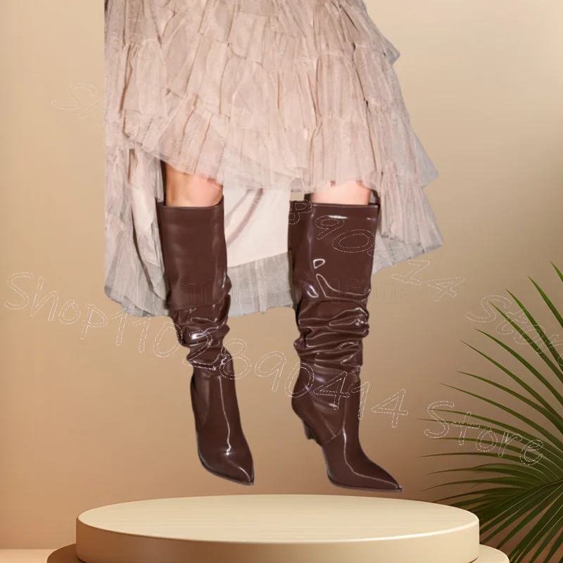 

Brown Pleated Design Tapered Heel Boots Slip On Women Shoes Pointed Toe New Fashion Party Feast Dating 2025 Zapatos Para Mujere