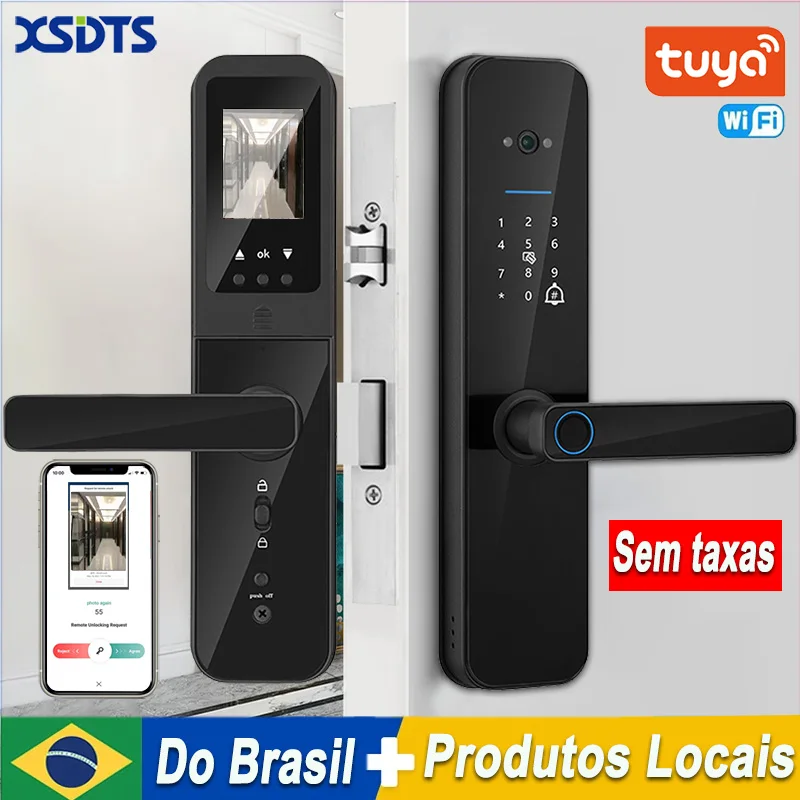 XSDTS-fechadura de porta eletrônica digital com câmera biométrica, Tuya, Wi-Fi, impressão digital, cartão inteligente, senha, desbloqueio com chave