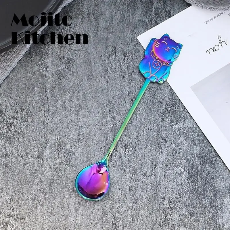 Coffee Spoon 304 Stainless Steel Cute Luck Cat  Stirring  Cartoon Dessert  for Tableware Kitchen Supplies Ice Cream