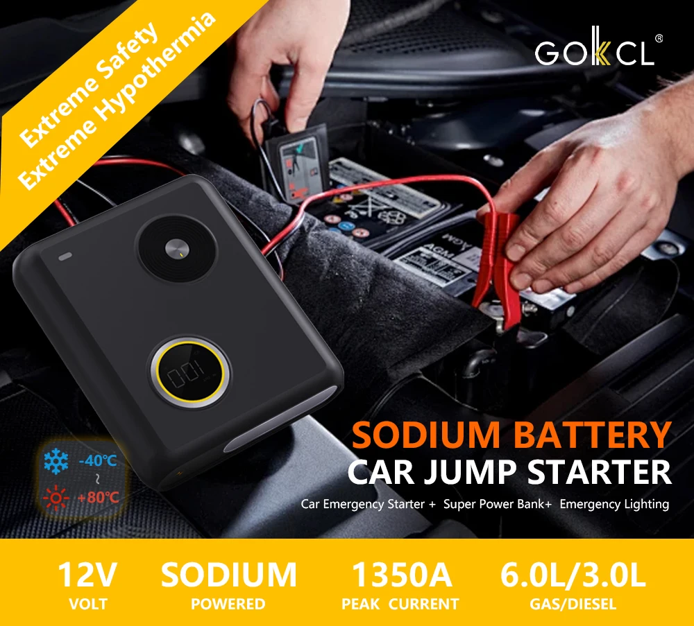 

GOKKCL 80WH Portable Car Jump Starter with Sodium Ion Battery PD60W Power Bank for Petrol Diesel Cars 12V Starting Device