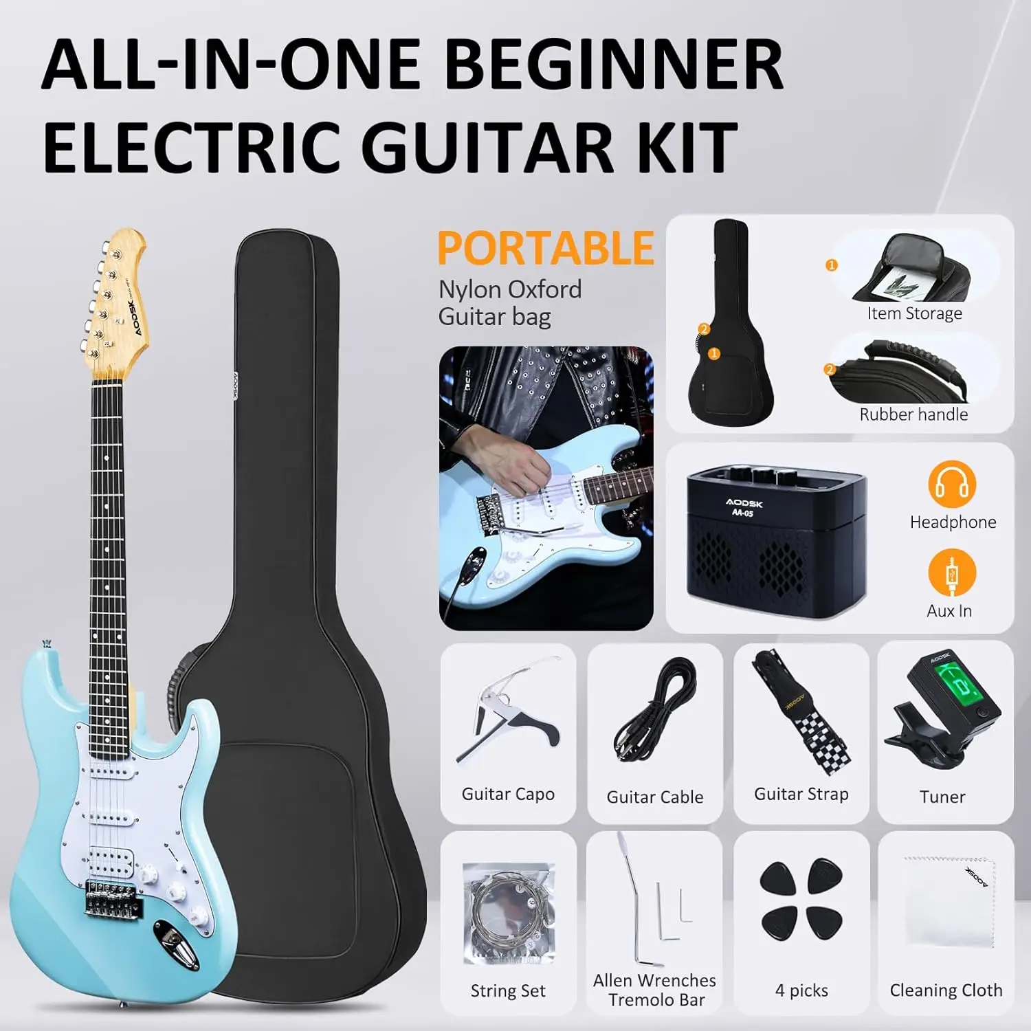 Electric Guitar with Amp Beginner Kit 39 Inch Solid Body Full Size,All Accessories,Digital Tuner,Six Strings,Four Picks,Tr