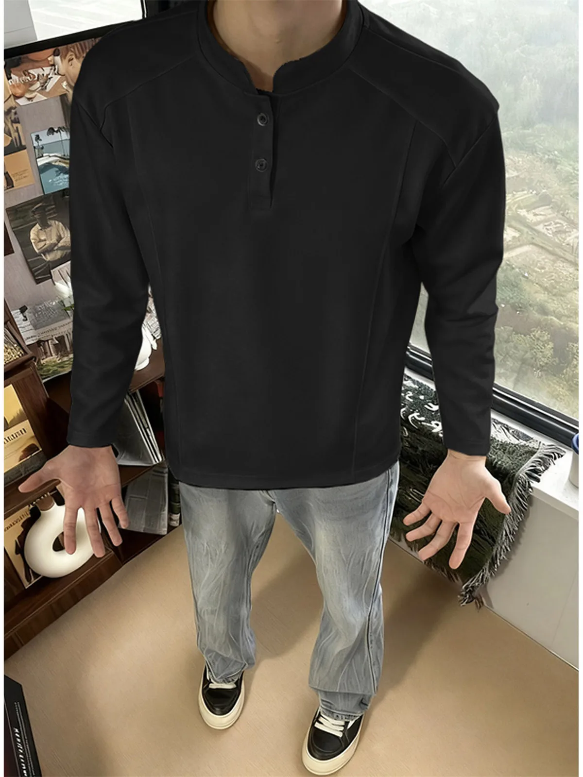 Black Heavyweight Deconstructed Hoodie Long Sleeve Henry Collar T-Shirt for Men Casual Style Standard Fit Autumn Top