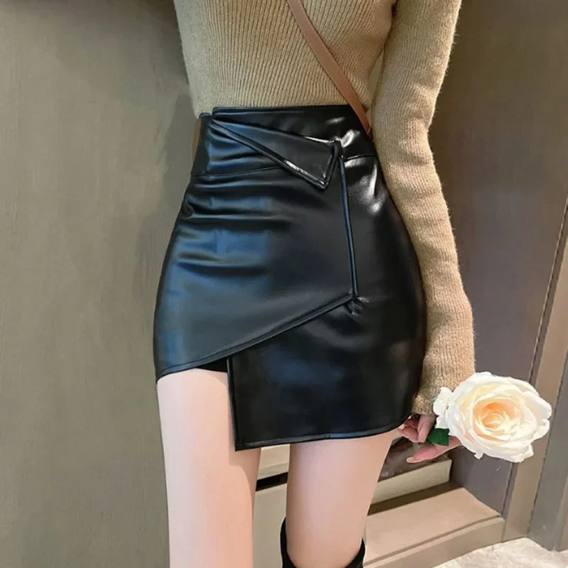 Women Skirt Korean Version Solid Color High-Waisted Irregular Design Pu Leather Slim Sexy With Safety Pants Dress