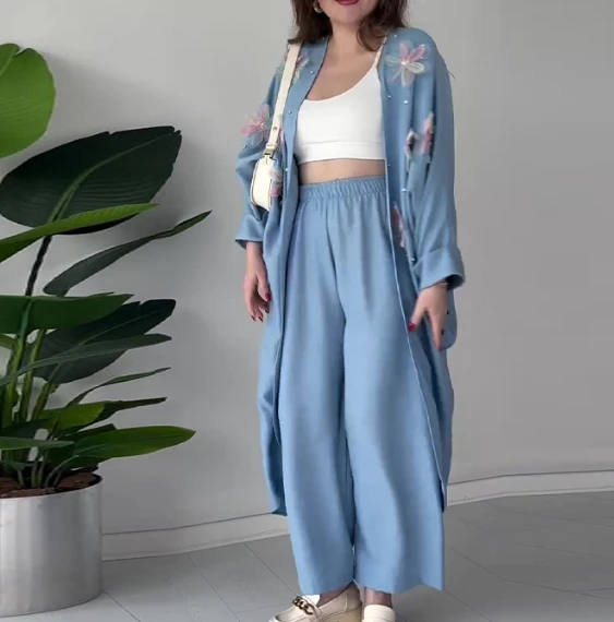 Summer Fashion Women's New Elegant Two Piece Set Solid Color Fashion 3D Flower Long Coat Casual Pants Set for Women