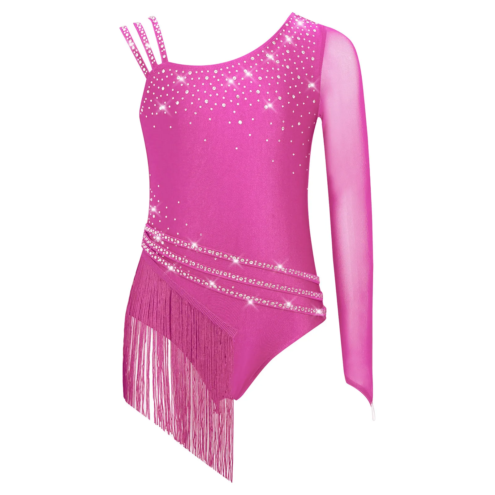 Kids Girls Figure Skating Dance Leotard Glittery Rhinestones Irregular Tassel Fringe Skirted Bodysuit for Latin Jazz Performance
