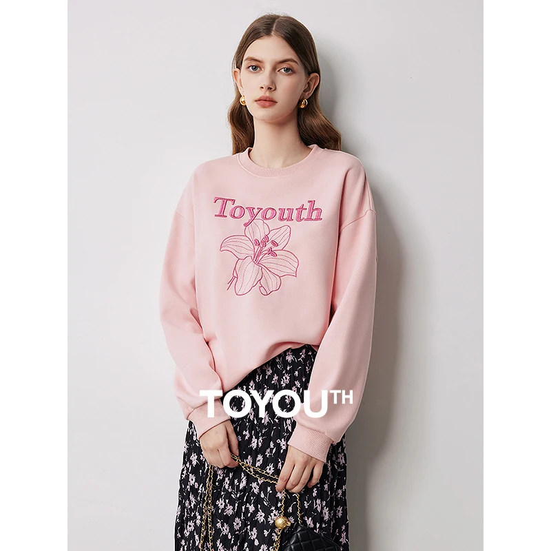 

TOYOUTH Women Sweatshirt 2024 Autumn New Long Sleeve O Neck Letter Flower Embroidery Casual Comfort Five Colors Pullover Hoodies