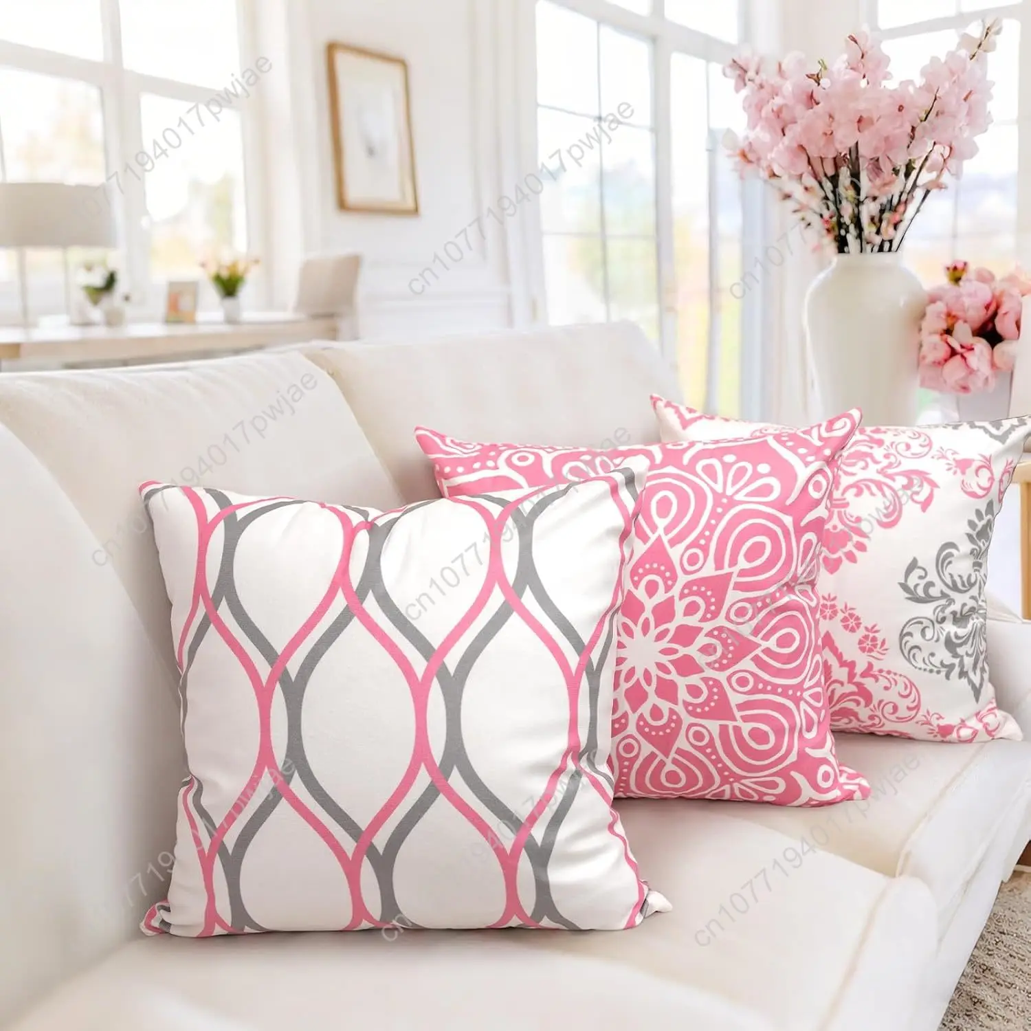 Coliuso Decorative Throw Pillow Covers 18x18 Set of 4, Pink and White Modern Simple Square Pillow Case Cushion Cover for Sofa Co