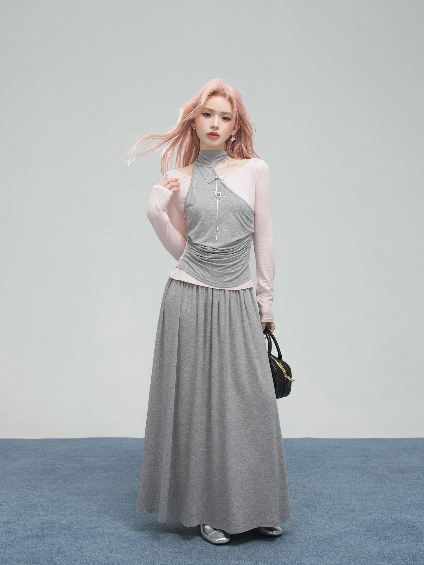 

ONEOFUUU Grey Contrast Color Knitted Set with Rabbit Ear Tie for Short People Paper Thin Body Casual Fashion Spring Women's Suit