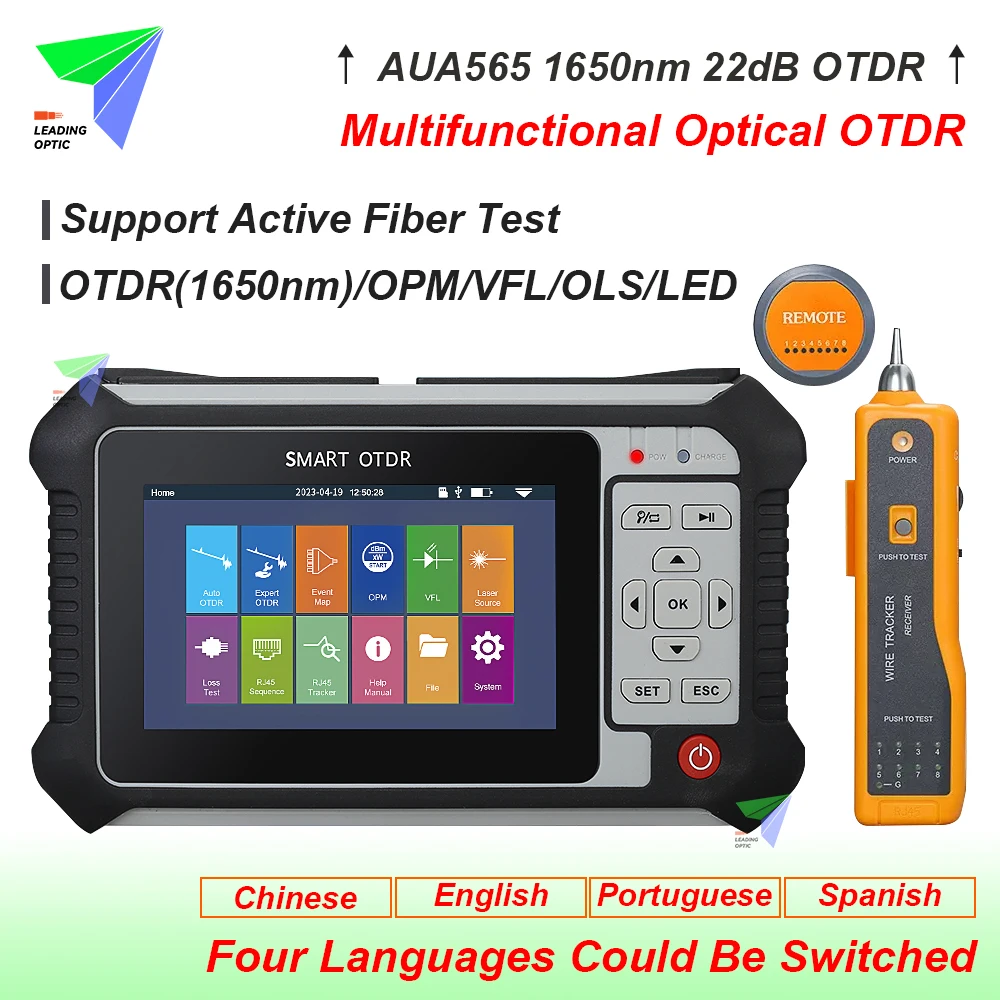 

AUA565 OTDR 1650nm 22dB APC/UPC Fiber Optic Reflectometer Touch Screen VFL OLS OPM Event Map Ethernet Cable Tester 4 Language