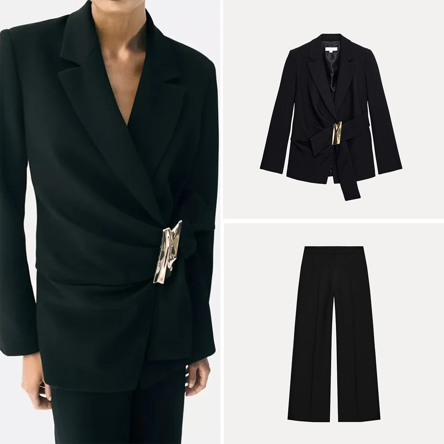 

2025 Autumn New Women's Suit Jacket with Buckle High Waist Straight Leg Pants Two Piece Set Fashionable Adult Clothing