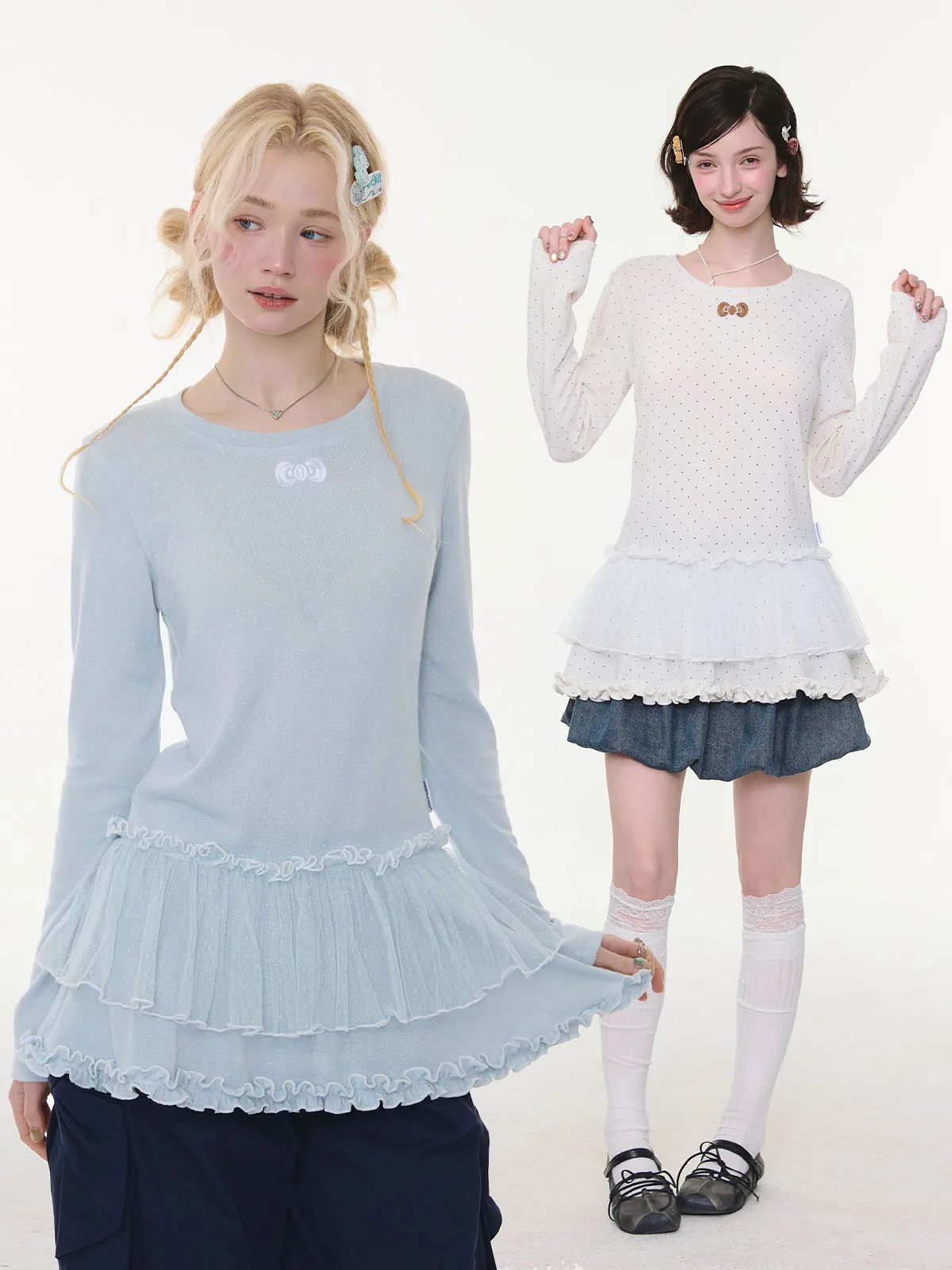 

ZiziFei Spring Design Polka Dot Long Sve Women's T-irt Ruffle Hem Vintage Sle round Ne sel Fabric Gown