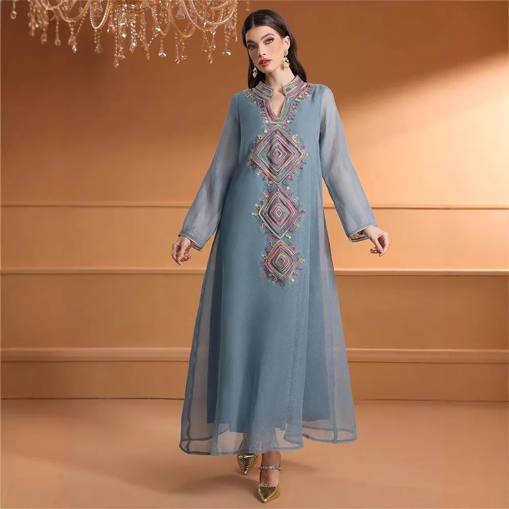 Vestido Feminino do Oriente Médio, Robe Muçulmano Bordado, Vestidos Longos de Dubai, Kaftan Árabe, Roupa Islâmica Jalabiya para o Ramadã e Eid