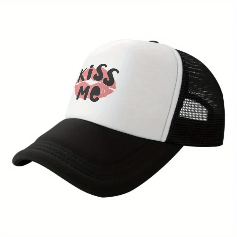 Kiss Me Lip Print Trucker Hat Breathable Mesh Back Adjustable Cap Outdoor Unisex