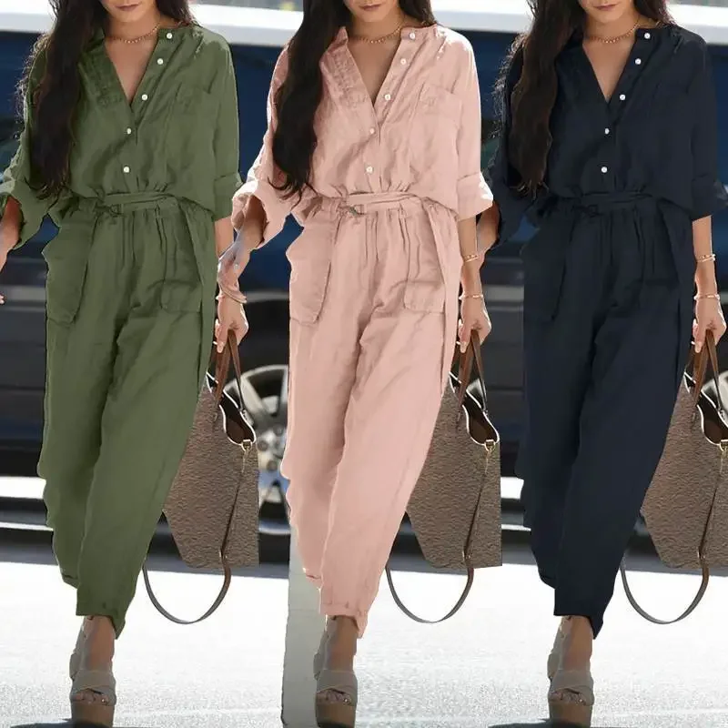 Casual Overalls for Women Cotton Linen Long Sleeve Button Belt Full Jumpsuit Autumn Elegant Workwear Woman One Pieces Jumpsuits