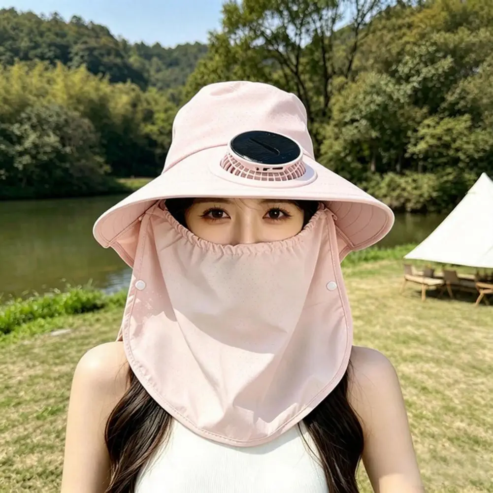 Camping Hat Fisherman Hat with Face Guard Shawl Solar-powered Built-in Fan Cap Upf 50 Breathable Wide Brim Hat for Outdoor